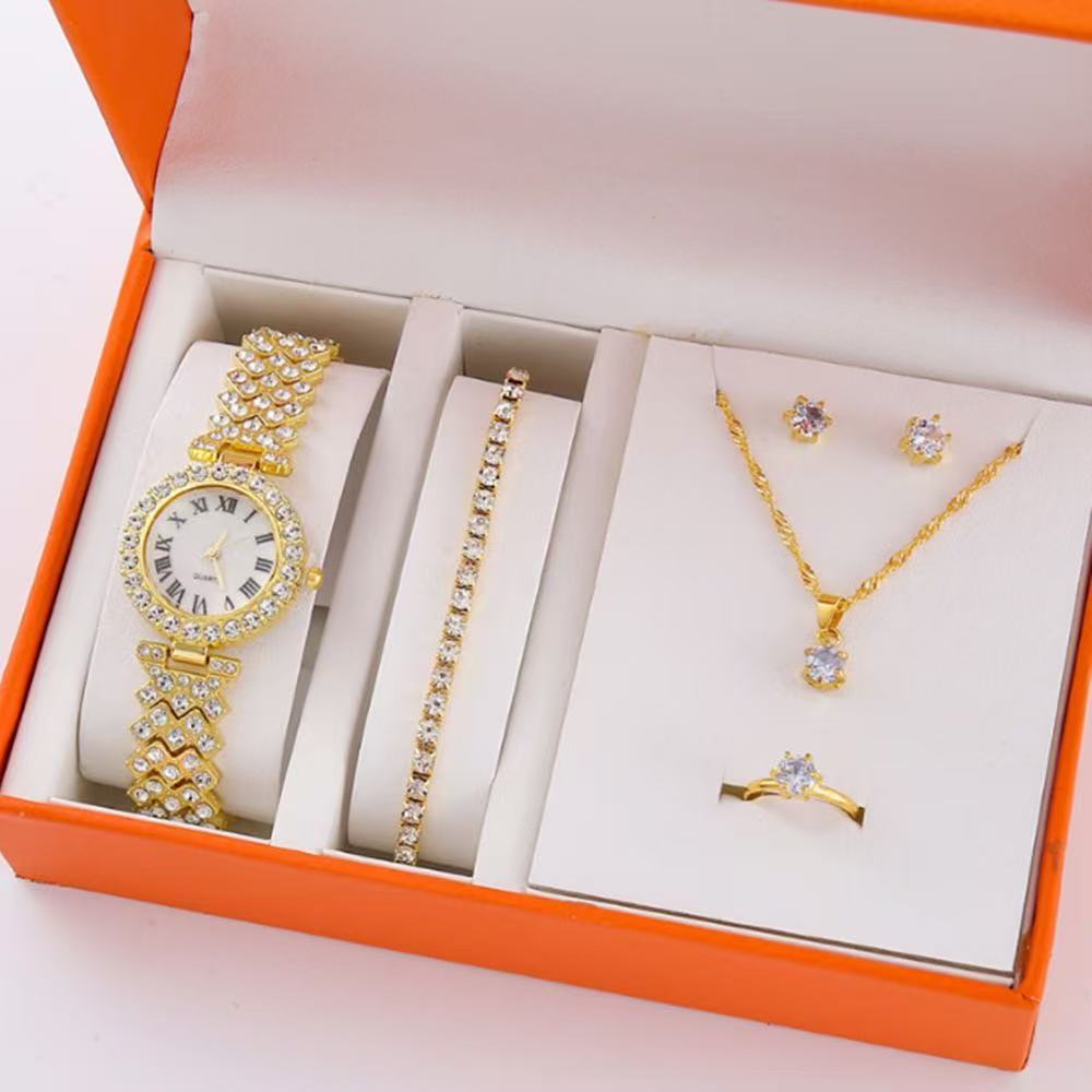 Golden roman watch + water wave chain plus single row