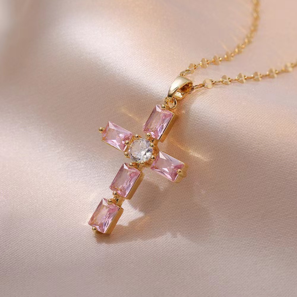 Wholesale Jewelry Shiny Cross Titanium Steel Zircon Inlay Pendant Necklace Cable Chain display picture 9