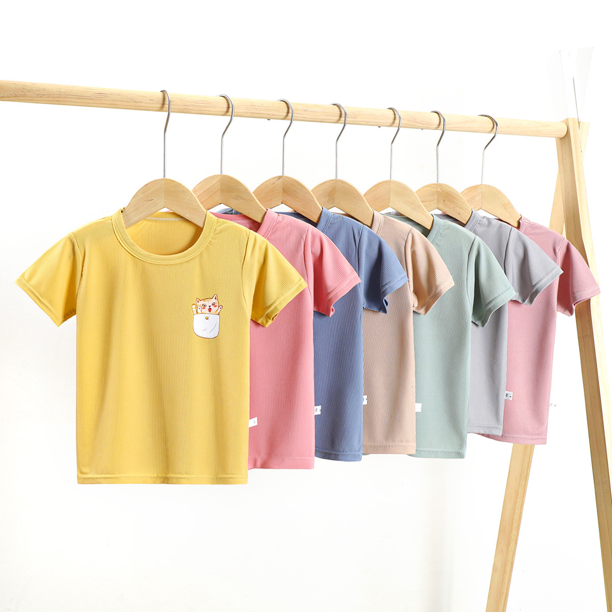 冰丝儿童短袖T恤23夏季新款纯色卡通中大童上衣宝宝半袖打底衫