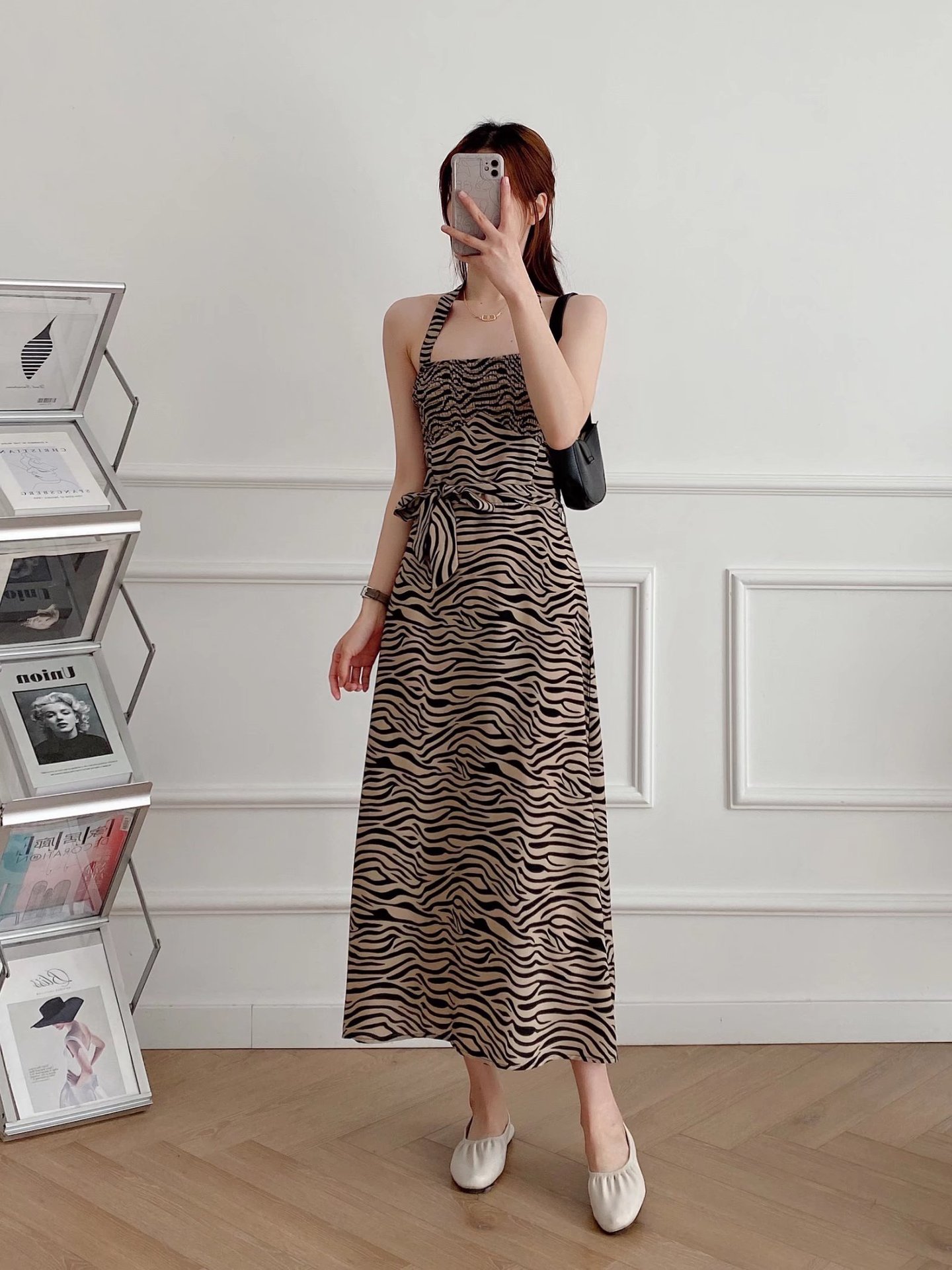 Halter-Neck Zebra Print Waist Dress NSAM109995