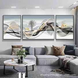 新中式沙发背景画抽象三联画客厅装饰画山水画壁画现代简约挂画
