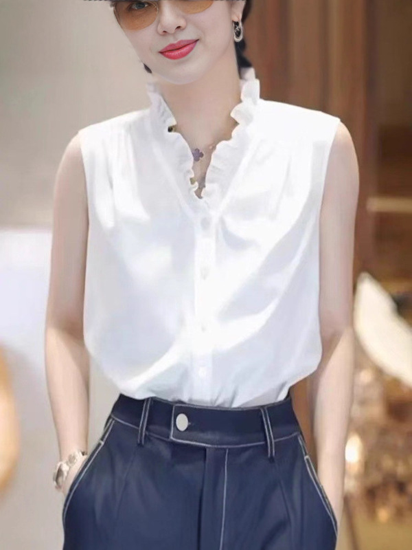 夏季花边领V领白色无袖背心女内搭法式木耳边无袖衬衫打底衫|undefined