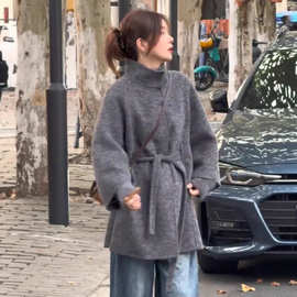 高级感轻奢毛呢外套女2026秋冬新款宽松针织袖拼接双面羊驼毛大衣