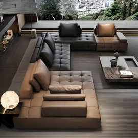 意式极简沙发模块组合高端大平层转角轻奢真皮沙发