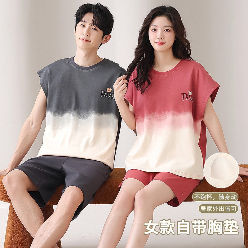 Pure Cotton Couple Pajamas Women with Chest Pad Summer Ware Shorts Simple Casual Cartoon Men and Women's Pure Cotton Home Clothes