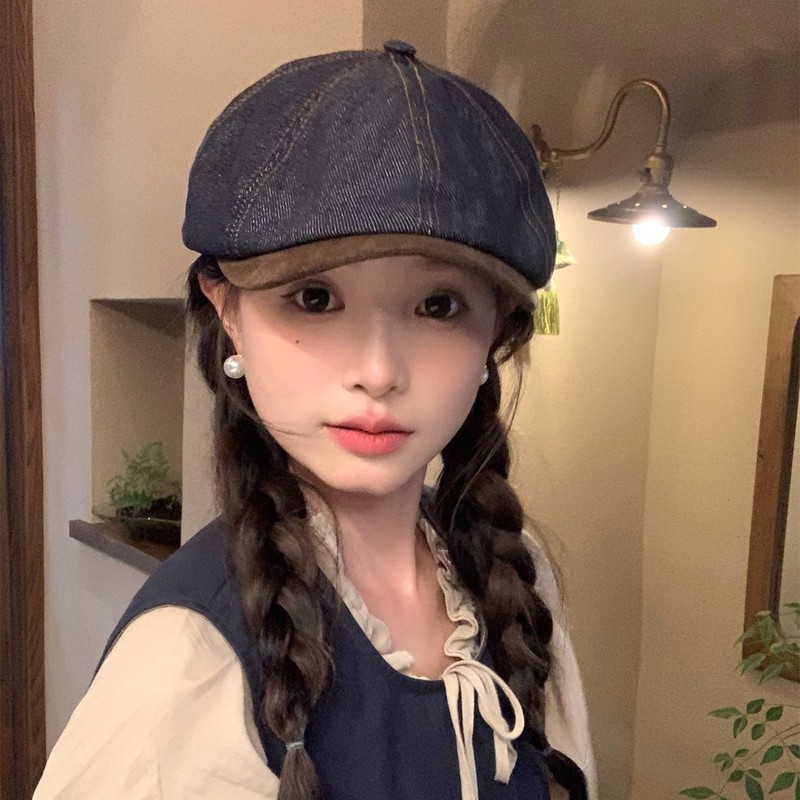 秋冬季新款牛仔短帽檐贝雷帽女日系文艺百搭前进帽显脸小休闲帽子|undefined
