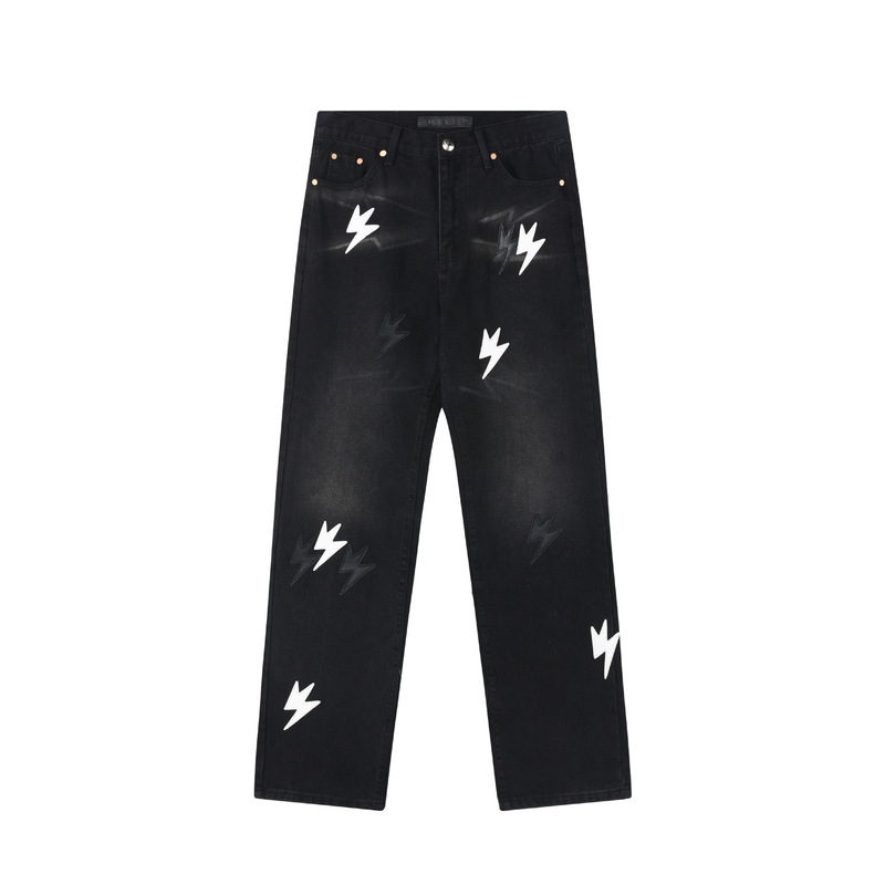 Lao Bai's Same Style Trendy Brand Amexnocap Lightning Patch Straight-Leg Jeans Unisex High Street Style Versatile Long Pants Lao Bai's Same Style Trendy Brand Amexnocap Lightning Patch Straight-Leg Jeans Unisex High Street Style Versatile Long Pants