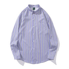 美式复古宽松紫色条纹衬衫翻领长袖耐磨设计感撞色线条个性男开衫