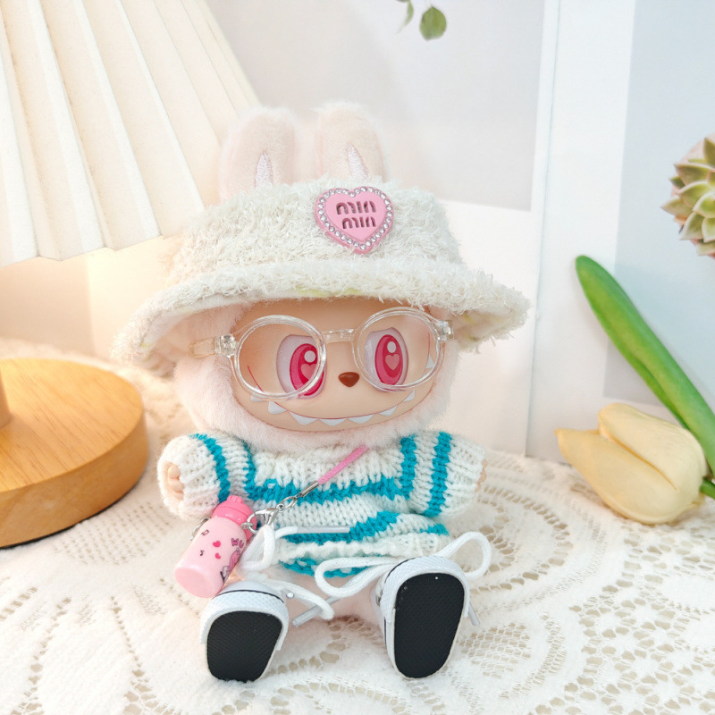 17 センチメートルビニールぬいぐるみマカロンラブブ LABUBU ベビー服ピンクのガーゼスカートヘアアクセサリー交換服|undefined