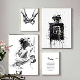 速卖通北欧黑白肩吻手艺术帆布海报极简主义爱情绘画图片客厅装饰