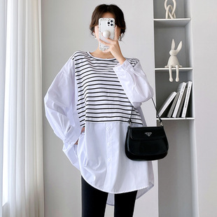 in stock 2025 Spring New Pregnant Women's Dress Fake Two-piece Shirt Stitching Casual Pregnant Women's T-shirt Fashion Tide Mom