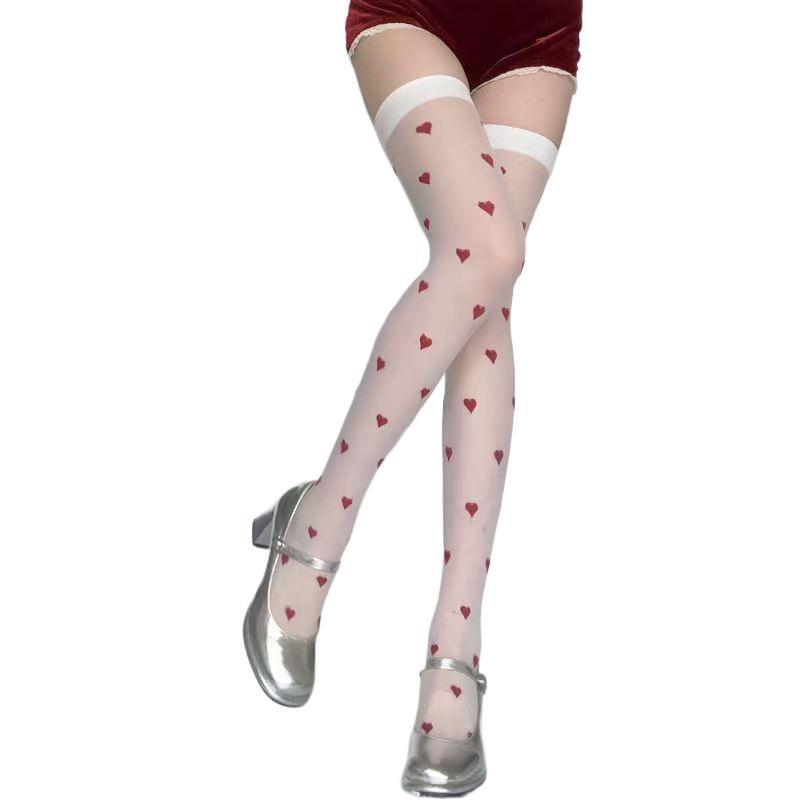 Red Wide-Brimmed Over-The-Knee Black Stockings, Feminine Spliced ​​Polka-Dot Thigh Socks, Ultra-Thin High Stockings, Heart Stockings