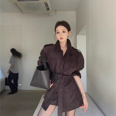 复古机车麂皮绒外套女秋冬款美式慵懒翻领高级感宽松飞行夹克上衣