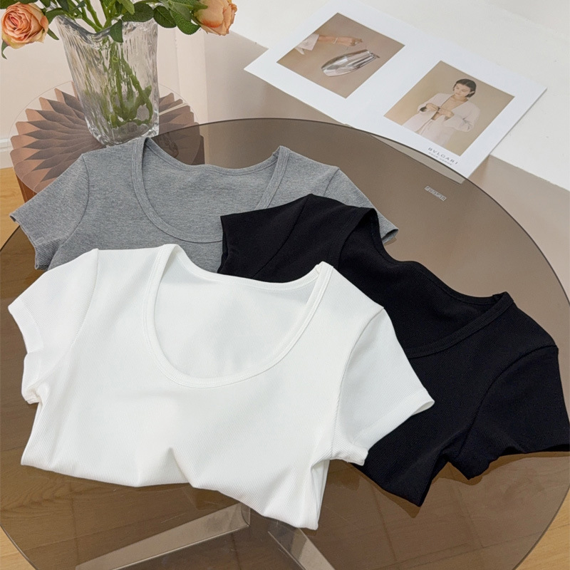 JNBY/25夏新作 シンプルベーシックリブスリム万能Tシャツ Uネック無地クラシック3色着痩せ半袖|undefined