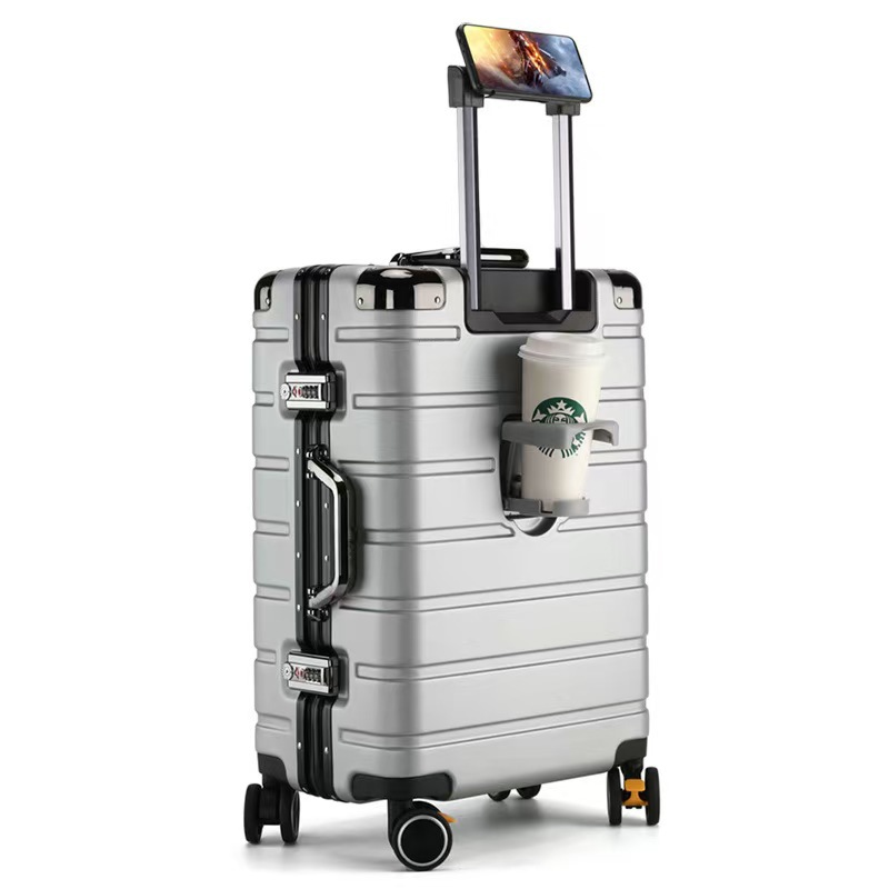 Una pieza de caja trolley con marco de aluminio, maleta con rueda universal, caja de contraseña de carga resistente a los arañazos para mujer de 24 pulgadas, portavasos