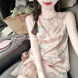 新中式国风碎花连衣裙女夏季大码女装感宽松巨显瘦旗袍背心裙圆领