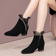 秋冬季水钻蕾丝边磨砂软皮粗跟短靴女中跟2025新款软皮女靴踝靴子