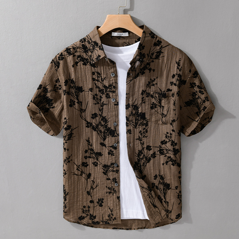 Summer Men's Flocked Short-Sleeve Shirt, Trendy and Fashionable Loose Men's Top Shirt 983, Light and Mature Casual Style