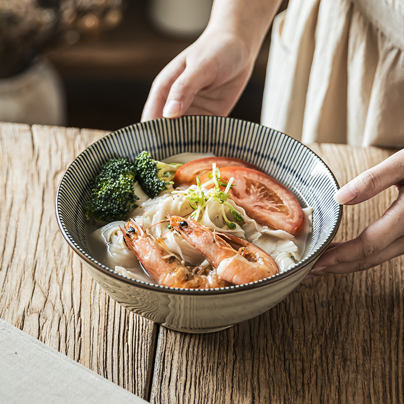 Tacos de mesa de cerámica retrógrada prácticos con rayas abiertas, tazón de fideos de alta calidad, tazón de ensalada de frutas, tazón de fideos doméstico para una persona