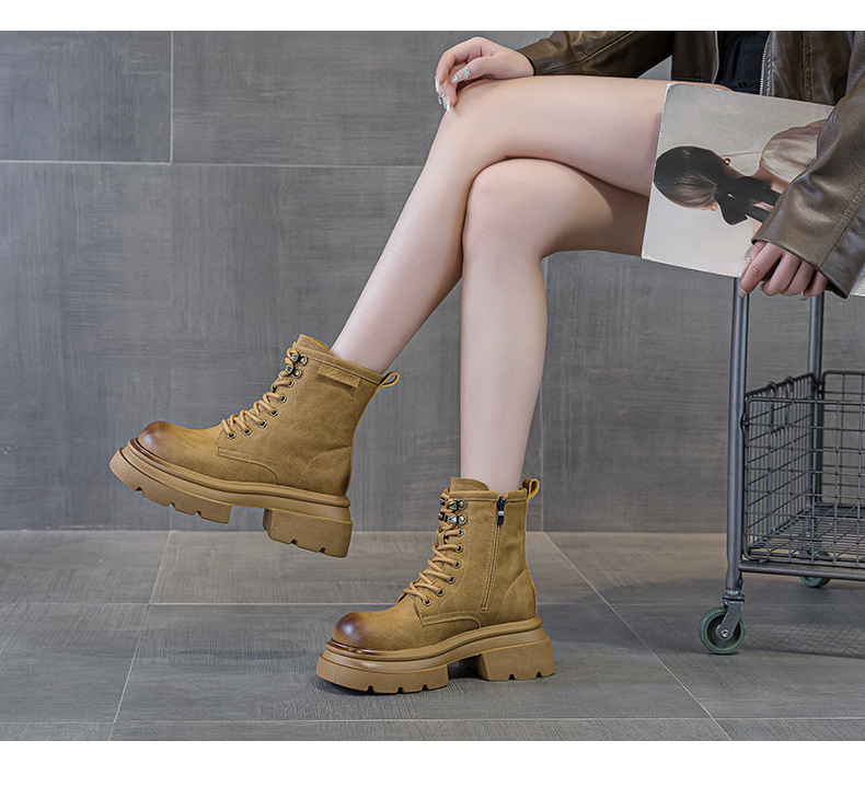 Giày boot Martin da đế dày cổ ngắn mũi rộng phong cách retro — M2633 màu vàng một lớp lót trong, M2633-1 vàng lót nhung, M2633-1 kaki lót nhung, M2633 kaki một lớp bên trong chi tiết 9