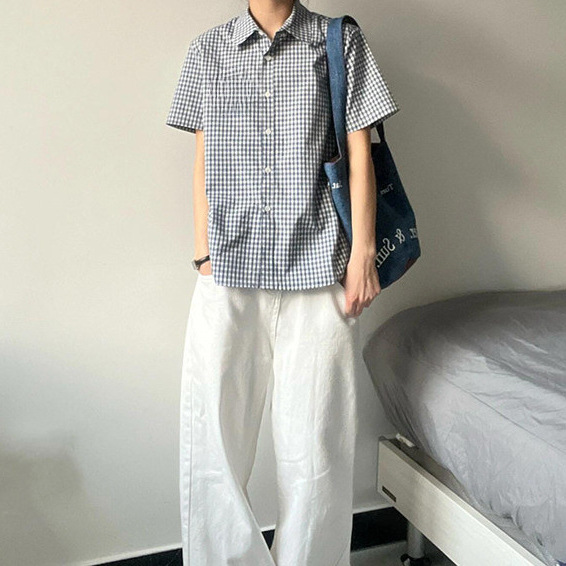 Japanese Retro Plaid Color-Block Polo Collar Short-Sleeve Shirt, New Summer Style, Loose and Versatile Shirt