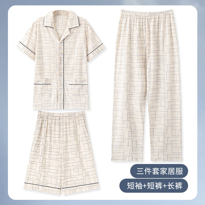 100% algodón pijamas de los hombres pantalones cortos de manga corta pantalones traje de tres piezas cardigan casual más tamaño ropa para el hogar