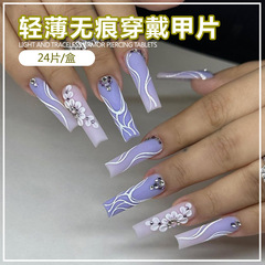 跨境ins網紅超火穿戴甲超長款紫羅蘭花朵美甲 甲片批發成品磨砂