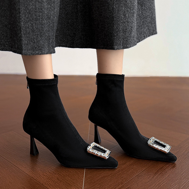 Foreign Trade Autumn and Winter Sock Boots with Thin Heels, Rhinestone Square Buckle Short Boots for Women, 2025 New Model, Suede Pointed Toe High-Heeled Ankle Boots, Stretchy and Slimming