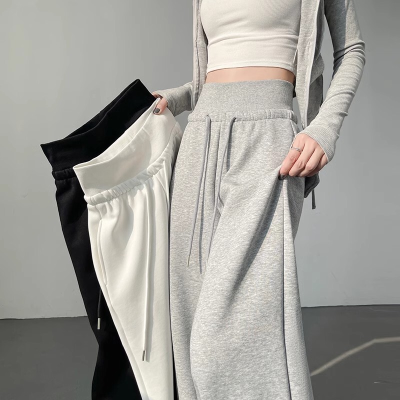 American-Style Gray Women's Sweatpants for Spring and Autumn, High-Waisted, Tummy Control, Drapey Wide-Leg, Straight Loose Casual Floor-Length Joggers