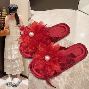 Big Red Festive Bride Bridesmaid Sandals and Slippers Summer Outfit Fashionable Sandals Small Fragrant Style Non-Slip Flat Slippers for Women