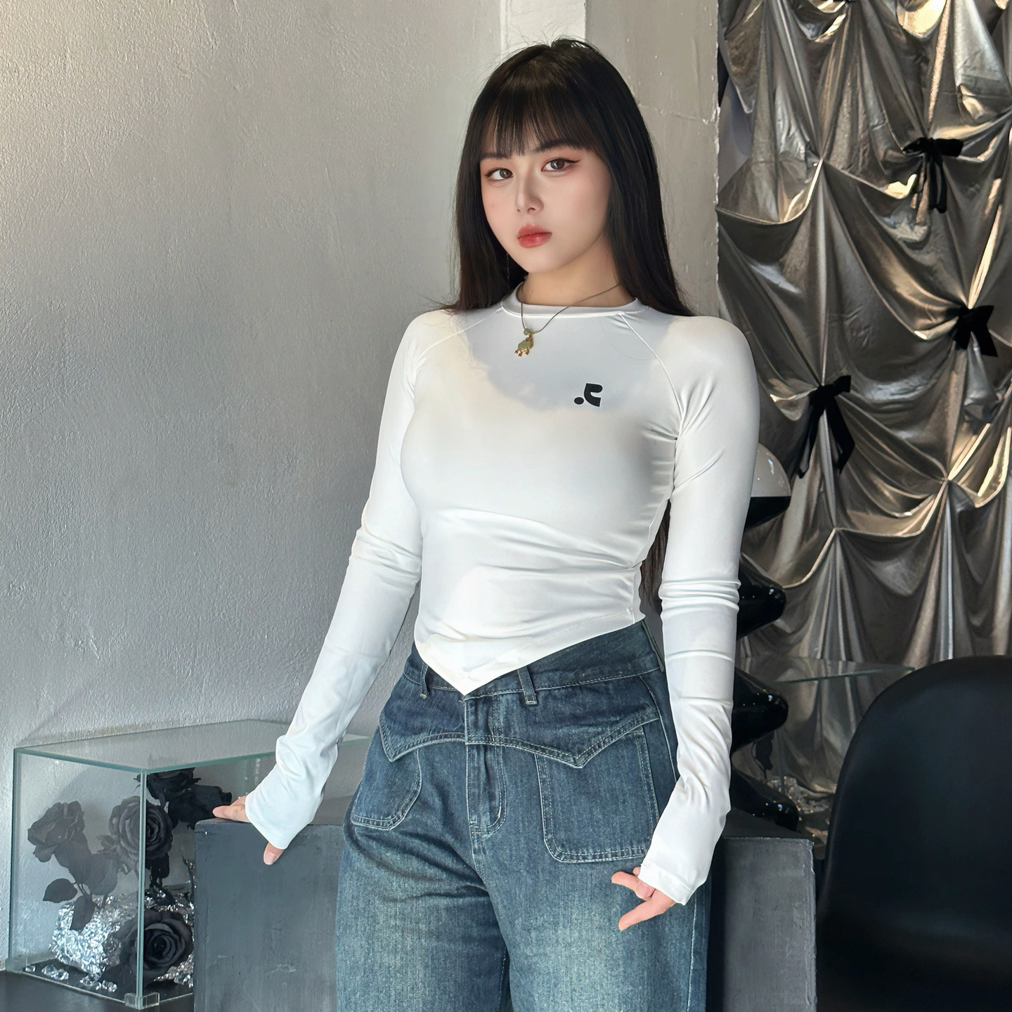 Korean Rest Rr Irregular Round Neck Raglan Long Sleeve Rr Casual Versatile Short T-Shirt Top