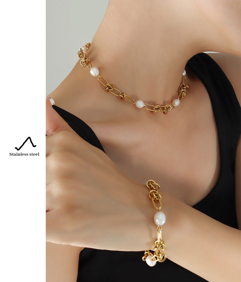 Elegant Geometric Titanium Steel Inlay Artificial Pearls Bracelets Necklace