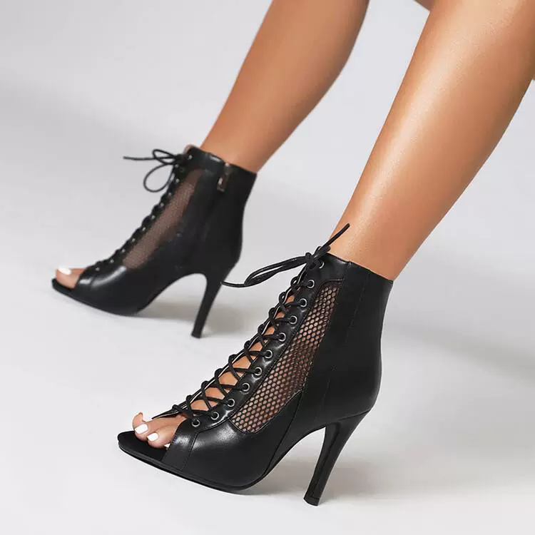 Сетчатые сандалии на высоком каблуке для джазовых танцев, сандалии, женские полые сетчатые ботинки на шнуровке, танцевальная обувь на мягкой подошве, сандалии с рыбьим ртом больших размеров