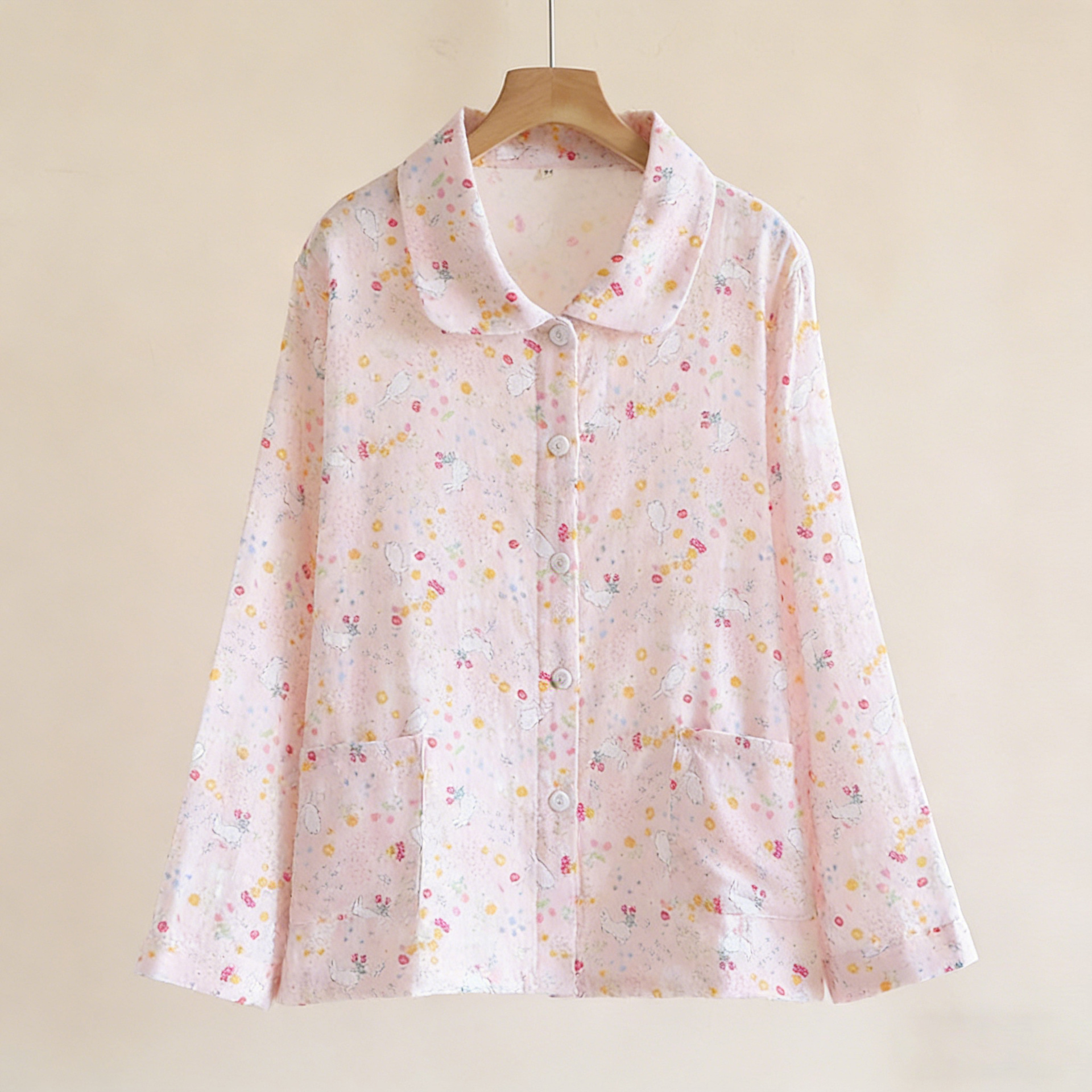 긴팔 거즈 상의 - 반짝이 꽃 토끼