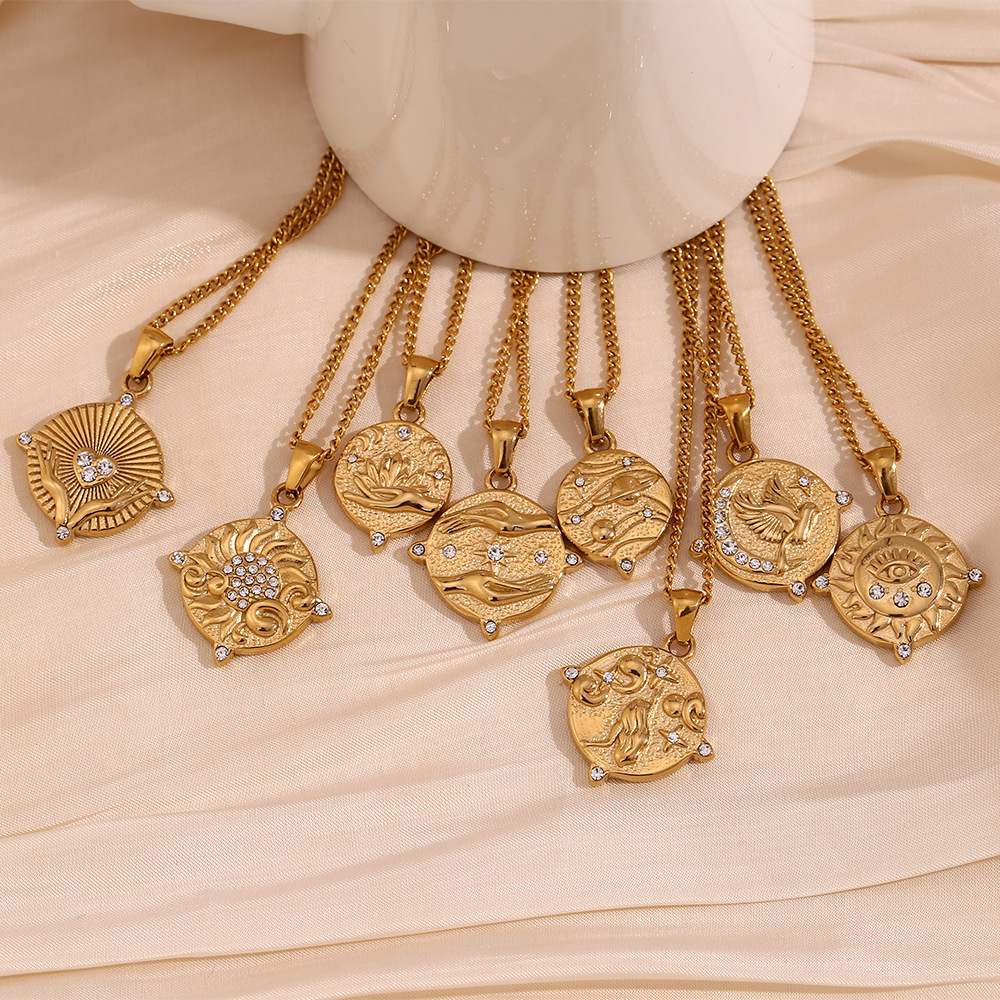 Zircon Inlaid Tarot Stainless Steel Pendant Necklace