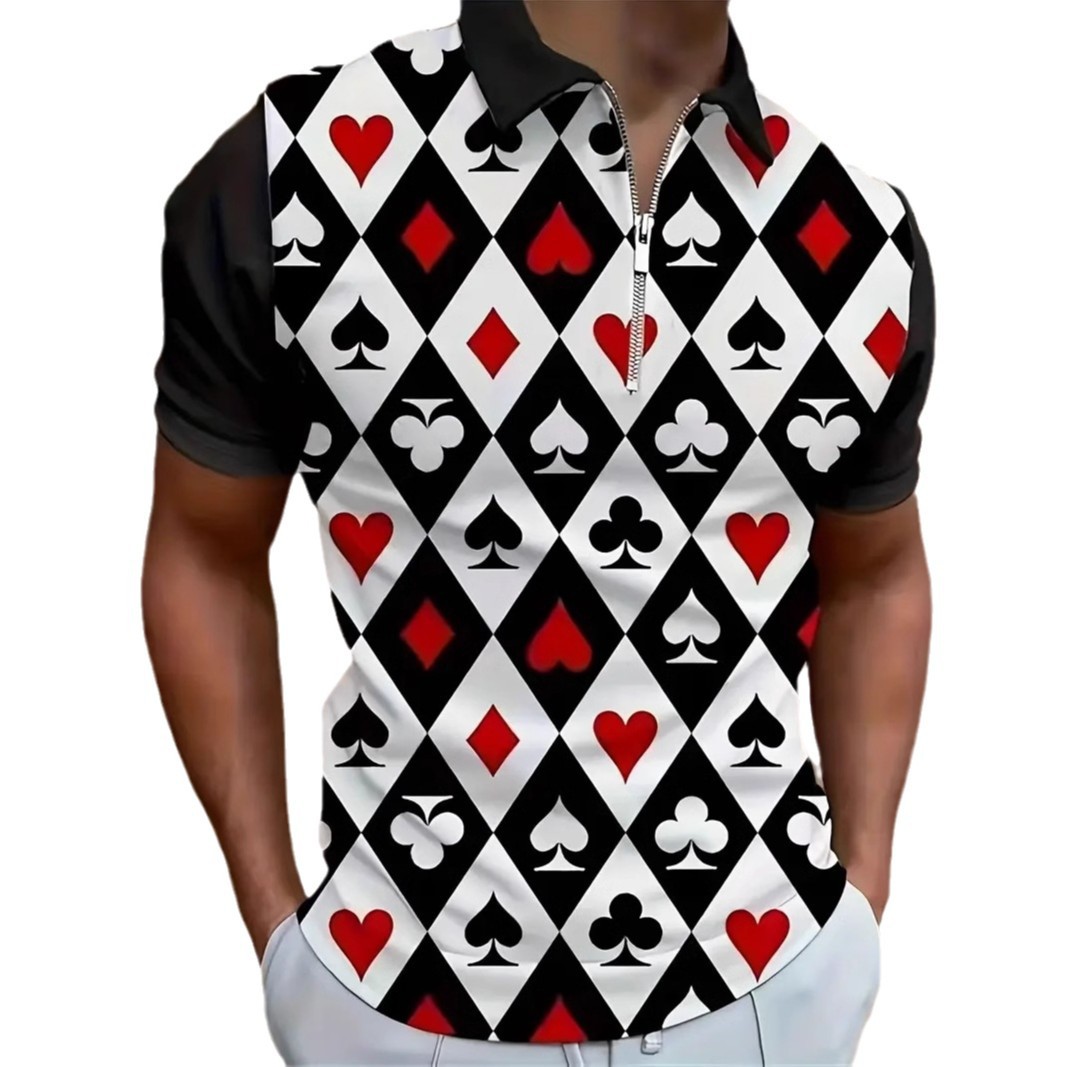 Camisa POLO con cremallera de manga corta suelta y transpirable para hombre con estampado 3D