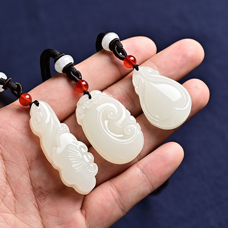 Mặt dây chuyền ngọc bích Hetian trắng tự nhiên hình Như ý, vòng cổ đính đá trái tim đơn giản cho nữ