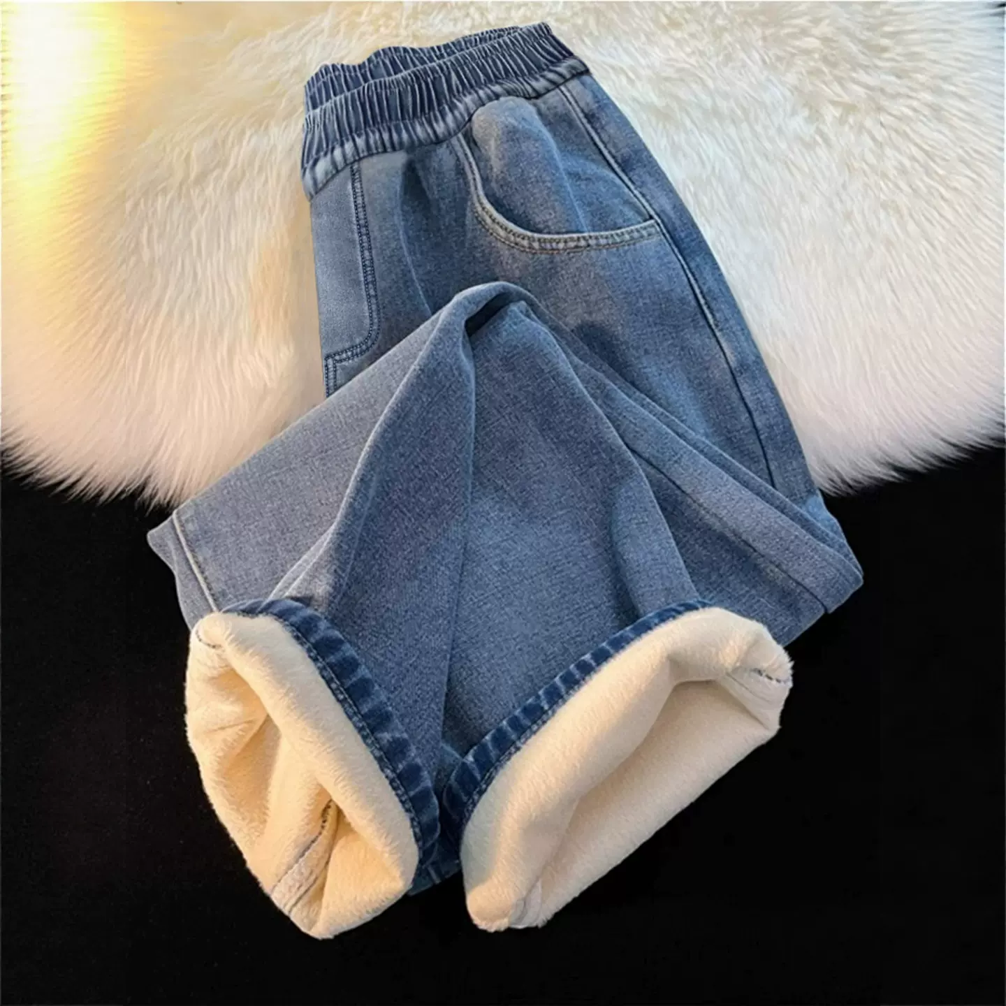 加绒加厚直筒牛仔裤女秋冬2025新款大码胖mm松紧腰小个子阔腿裤子