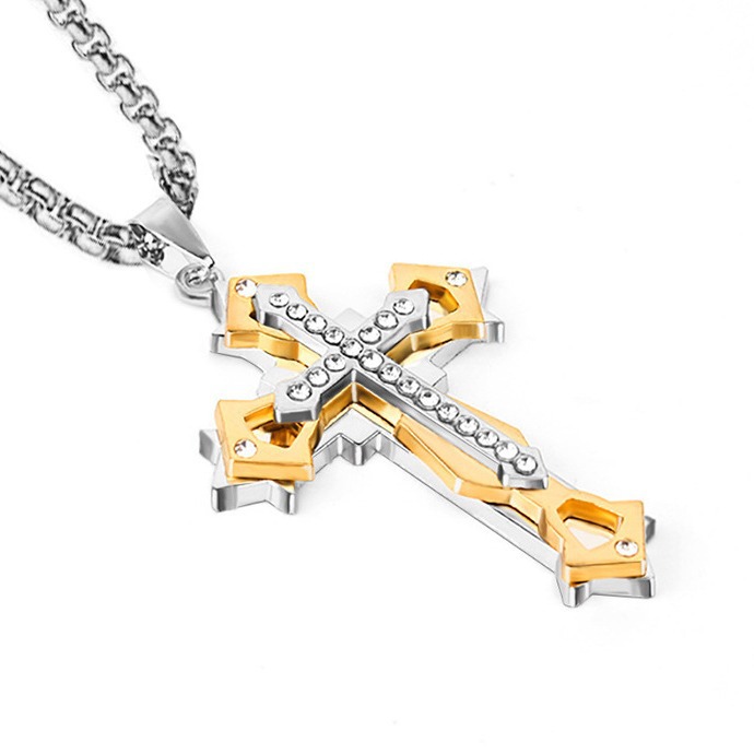 Collier unisexe en acier inoxydable moulé, orné d'une croix et de multiples diamants, style européen et américain, collection 2026 Foreign Trade._voghion.com