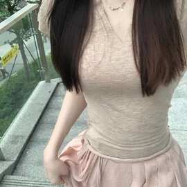【官图原版布料】低领正肩短袖女夏辣妹衣服修身显瘦短款上衣纯欲
