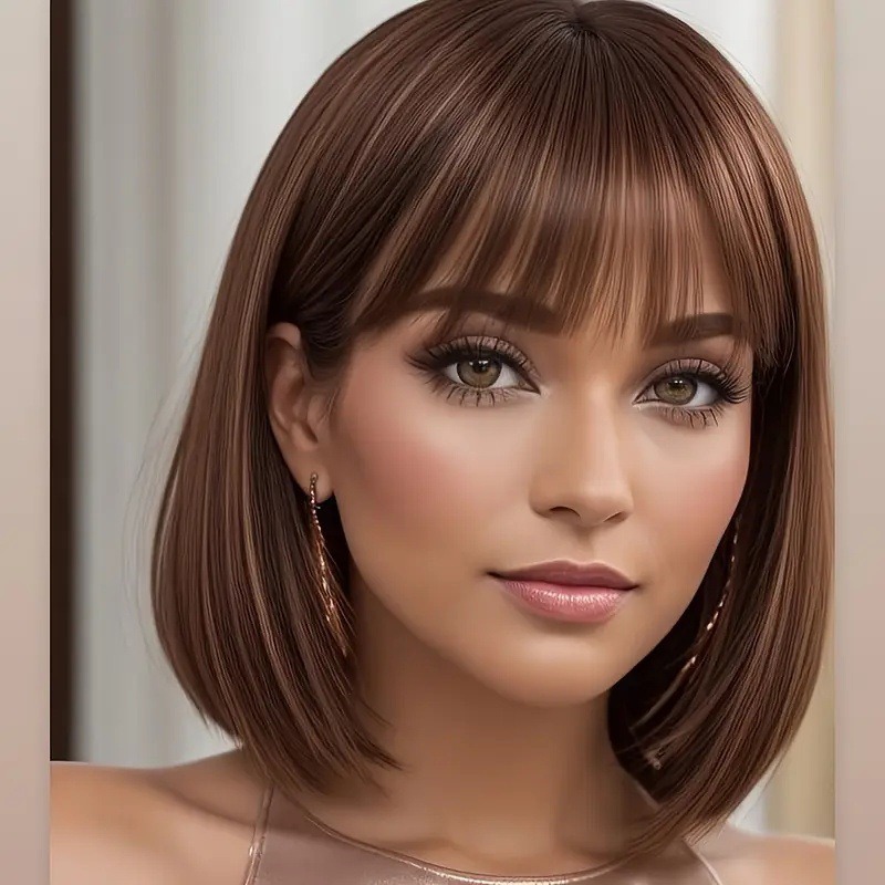 Perruque bob style européen/américain avec frange évasée, élégante, courte et lisse, en cheveux synthétiques, extension complète pour cosplay_voghion.com