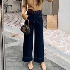 丹宁蓝牛仔裤女秋冬新款2025小个子高腰宽松叠穿显瘦九分直筒裤子