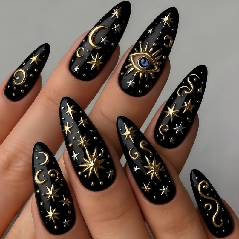 Black and Gold Gilded Magic Eye Star Moon Night Nail Art Almond-Shaped Glossy Manicure Fashionable European and American Style Nails