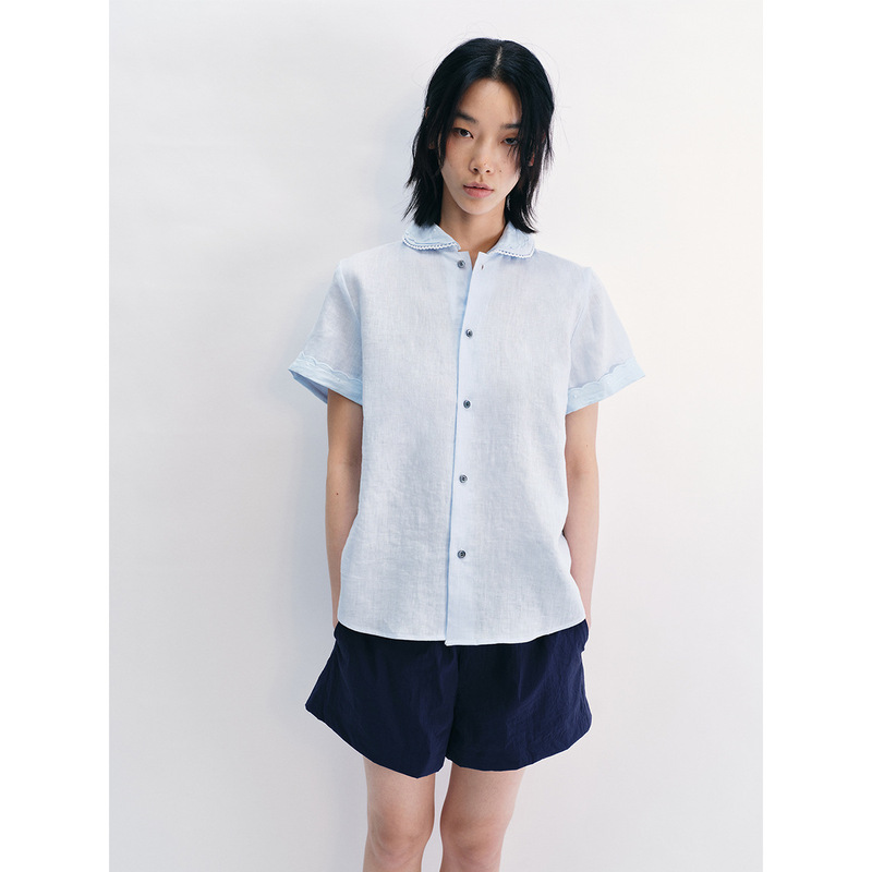 [know when] new linen short sleeve embroidered doll collar single-breasted cardigan solid color shirt blouse women V8643