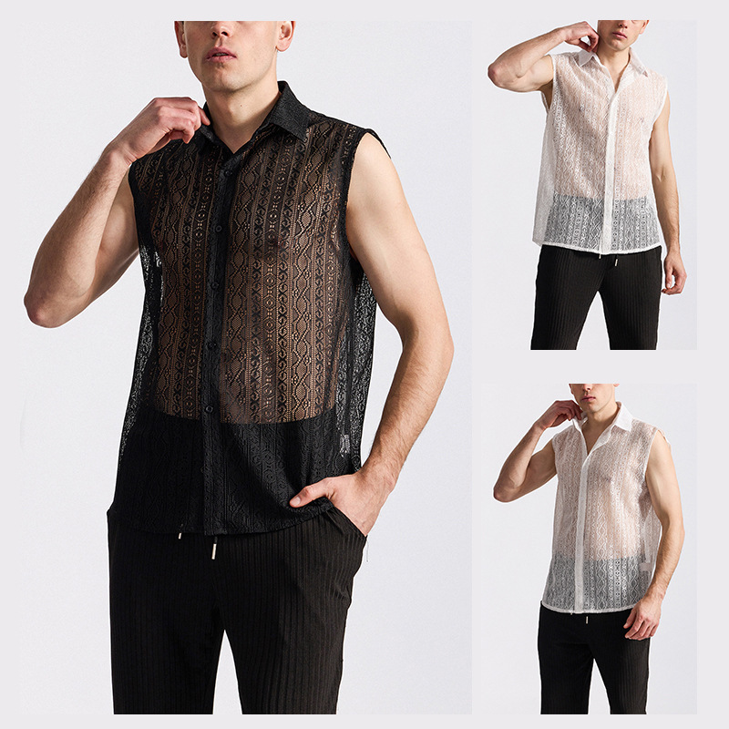 Amazon Men's Lace Sleeveless Nightclub Disco Shirt Stage Model Catwalk Cross-Border Foreign Trade Wholesale Men's Clothing