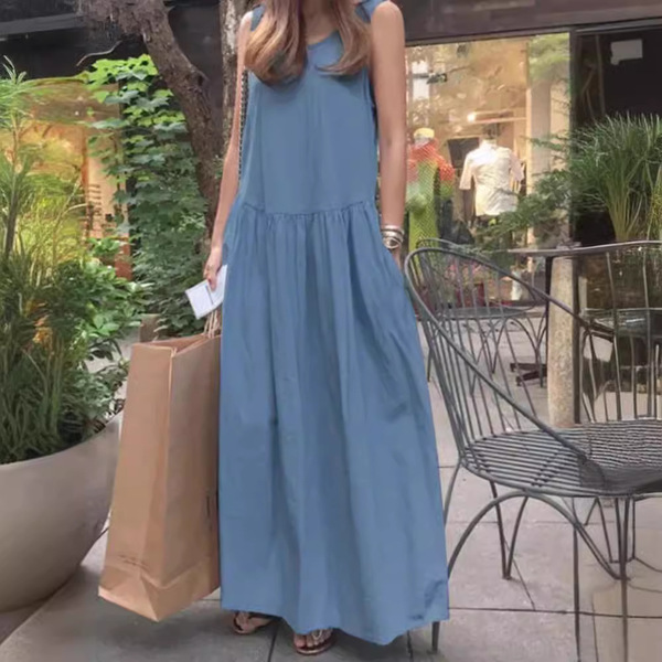 summer solid long vest with a round collar sleevless