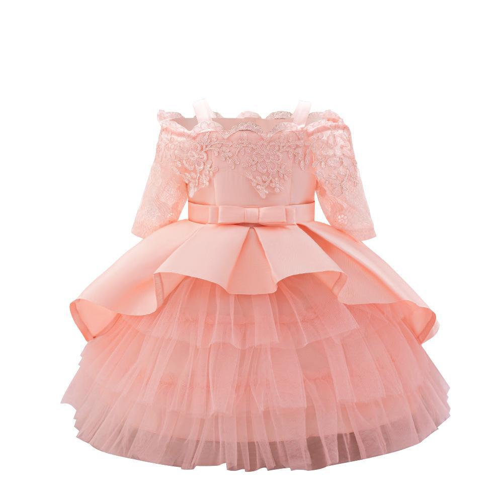 Nuevos productos transfronterizos vestidos de niñas con una línea de hombro, pastel de malla, vestido de aniversario de bebé, vestido de princesa