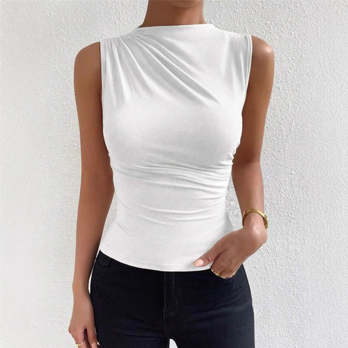 European and American Women's Spring/Summer Fashion All-match Solid Color Pleated Sleeveless Pullover Half-Turtleneck T-shirt