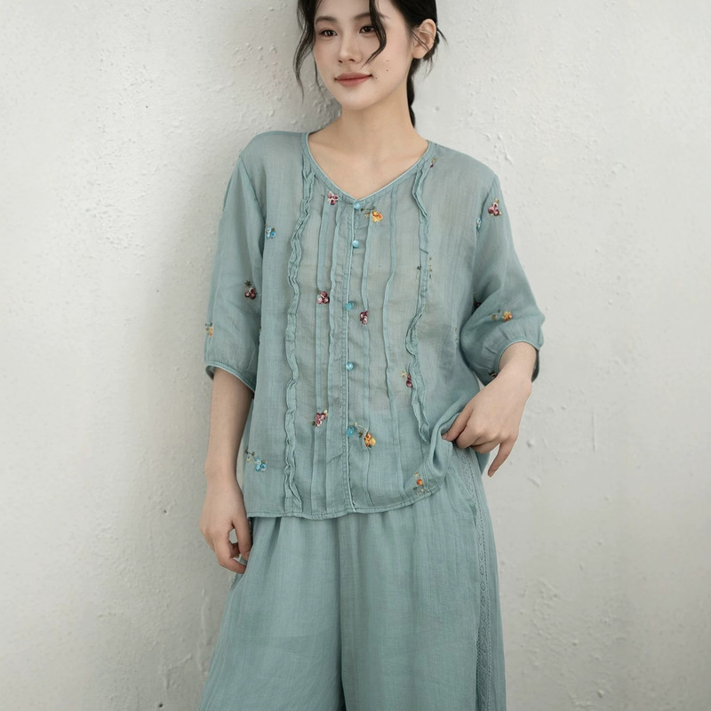 2026 Summer New Arrival: Forest Style Ramie Embroidered Lightweight Blouse 2026 Summer New Arrival: Forest Style Ramie Embroidered Lightweight Blouse