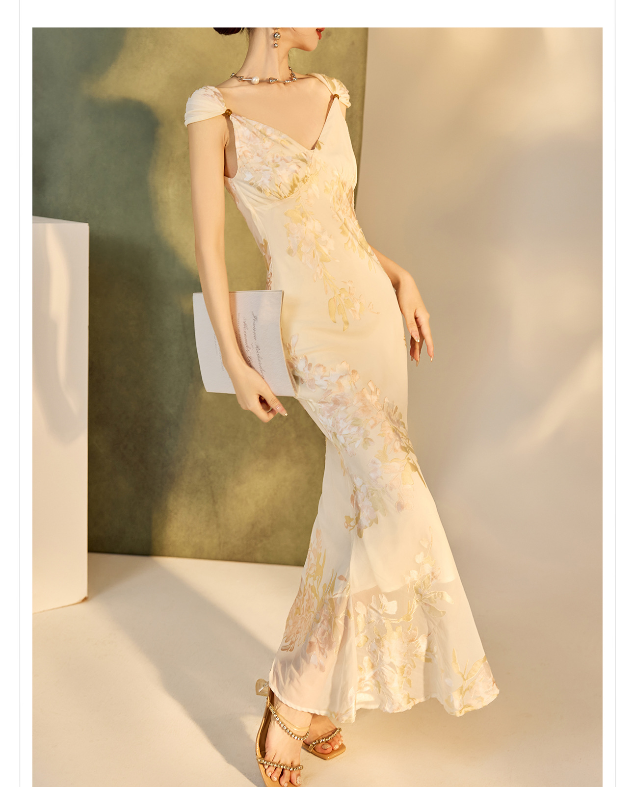 Váy bodycon ôm sát họa tiết phong cách Trung Hoa mùa hè, chất rayon mềm mại — Màu trắng be chi tiết 30